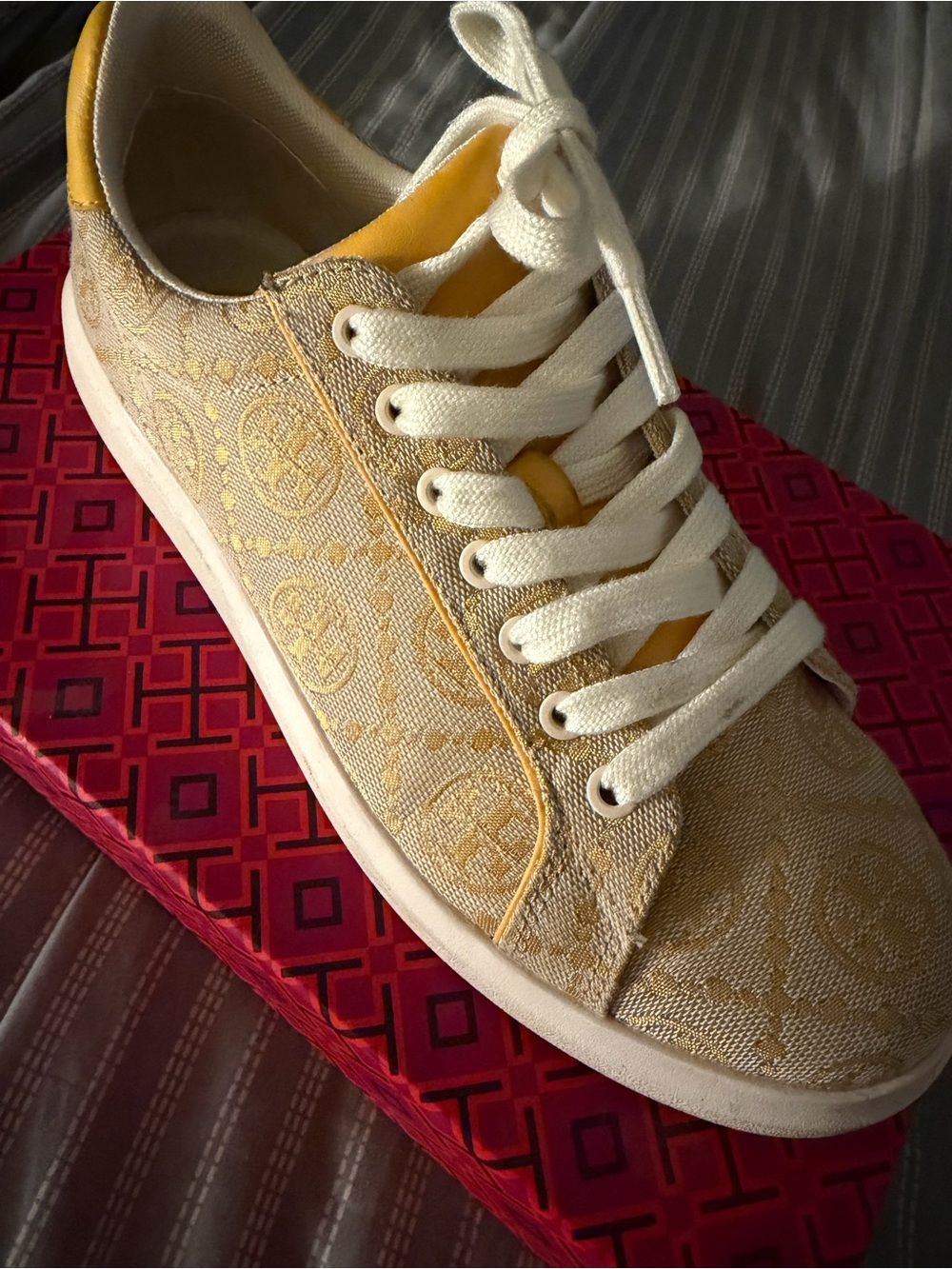 Tory Burch Yellow and White Logo-Print Lace-Up Sneaker